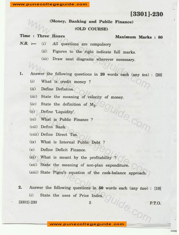 Economics (Banking and Public Finance), old course question paper