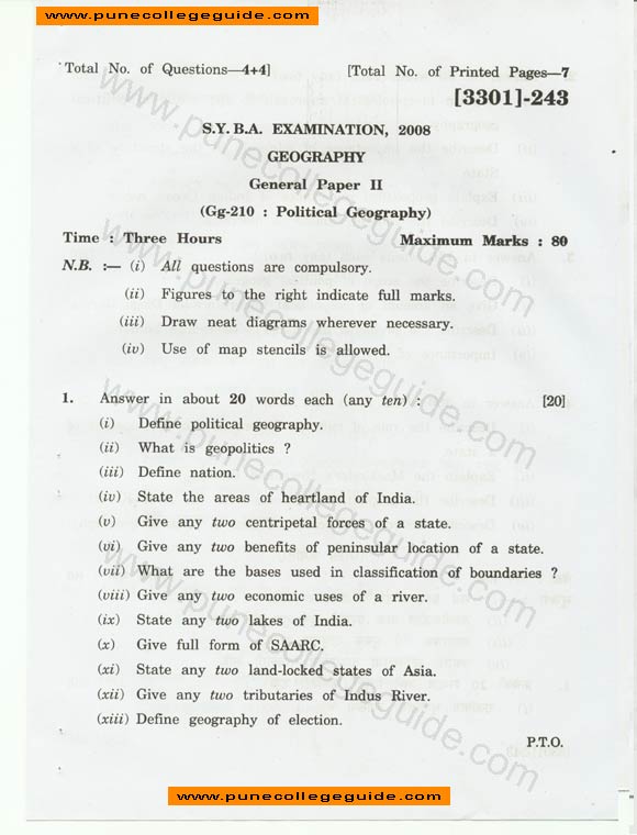 Geography General Paper II (Political Geography)  sy ba 2008 aPRIL QUESTION PAPER