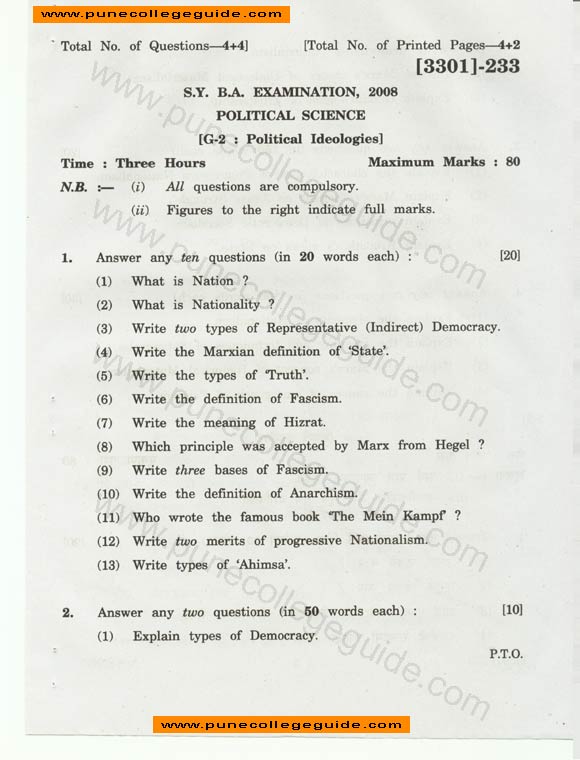 Political Sciencs (Political Ideologies) question paper