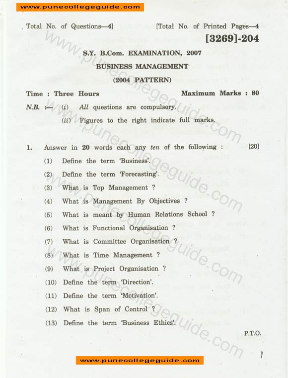 Business Management, SY Bcom question paper