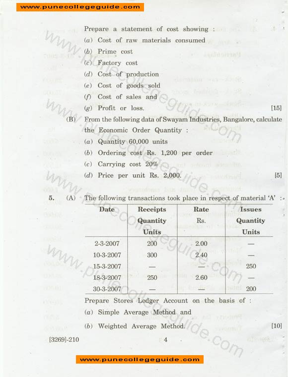 Cost and Works Accounting, paper set, exam paper set