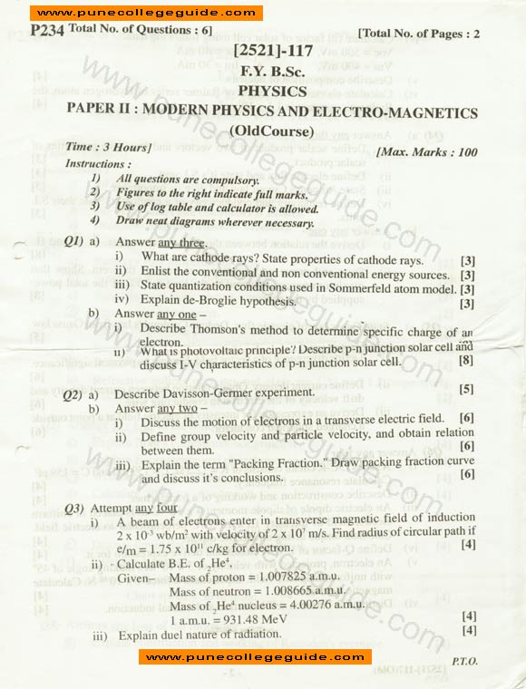 question paper, Physics II modern physics and electro-magnetics (old course)