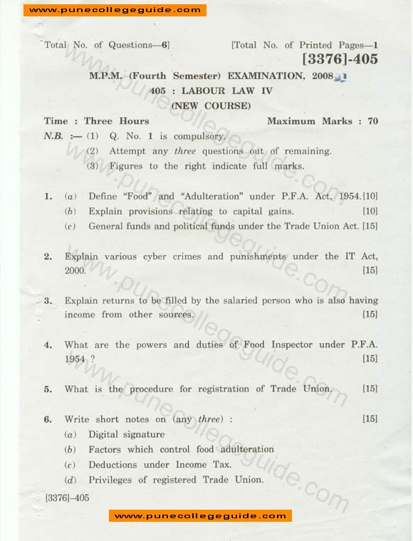 Labour Law IV question paper , mpm sem 3 march 2008