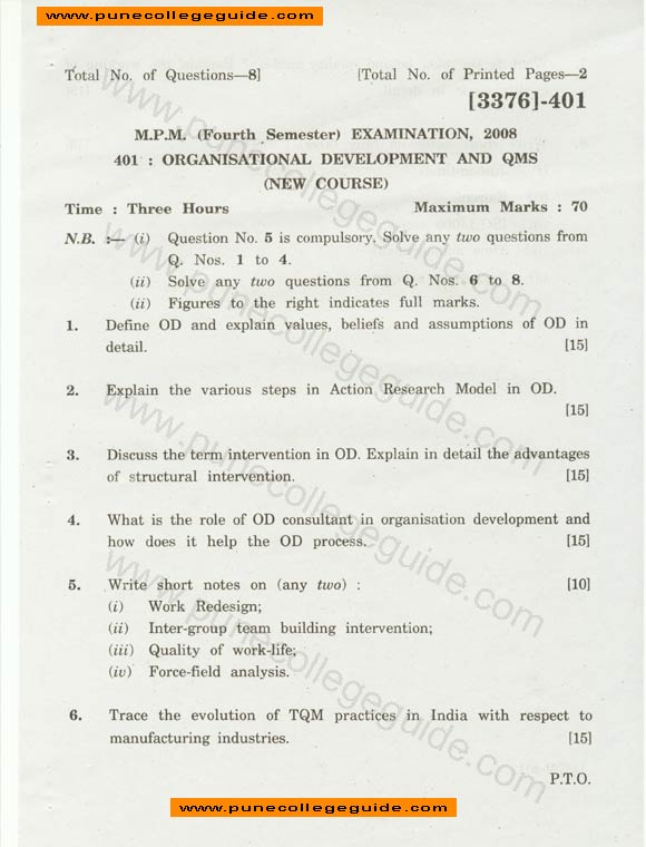 Organisational Development and QMS question paper