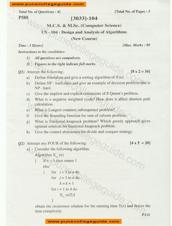 Design and Analysis of Algorithms, MCS, question papers