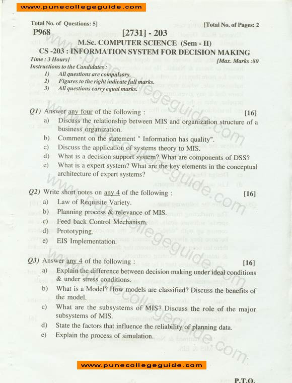 Information System for Decision Making, MCS, question paper