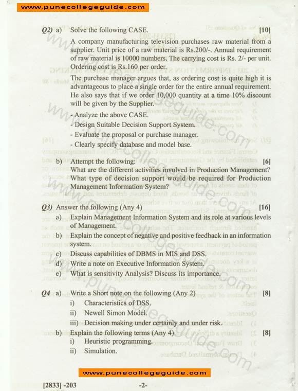 Information System for Decision Making, question paper