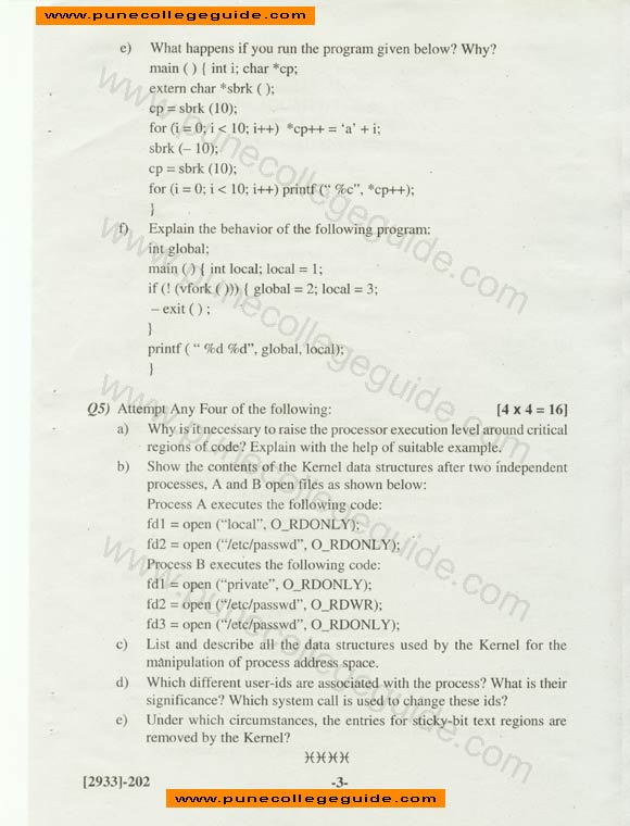 Unix Internals, question papers