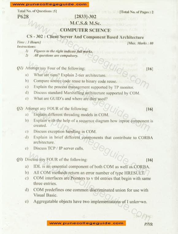 Client Server and Component Based Architecture, MCS, question paper