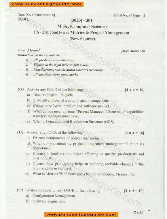 Software metrics and project management , question paper